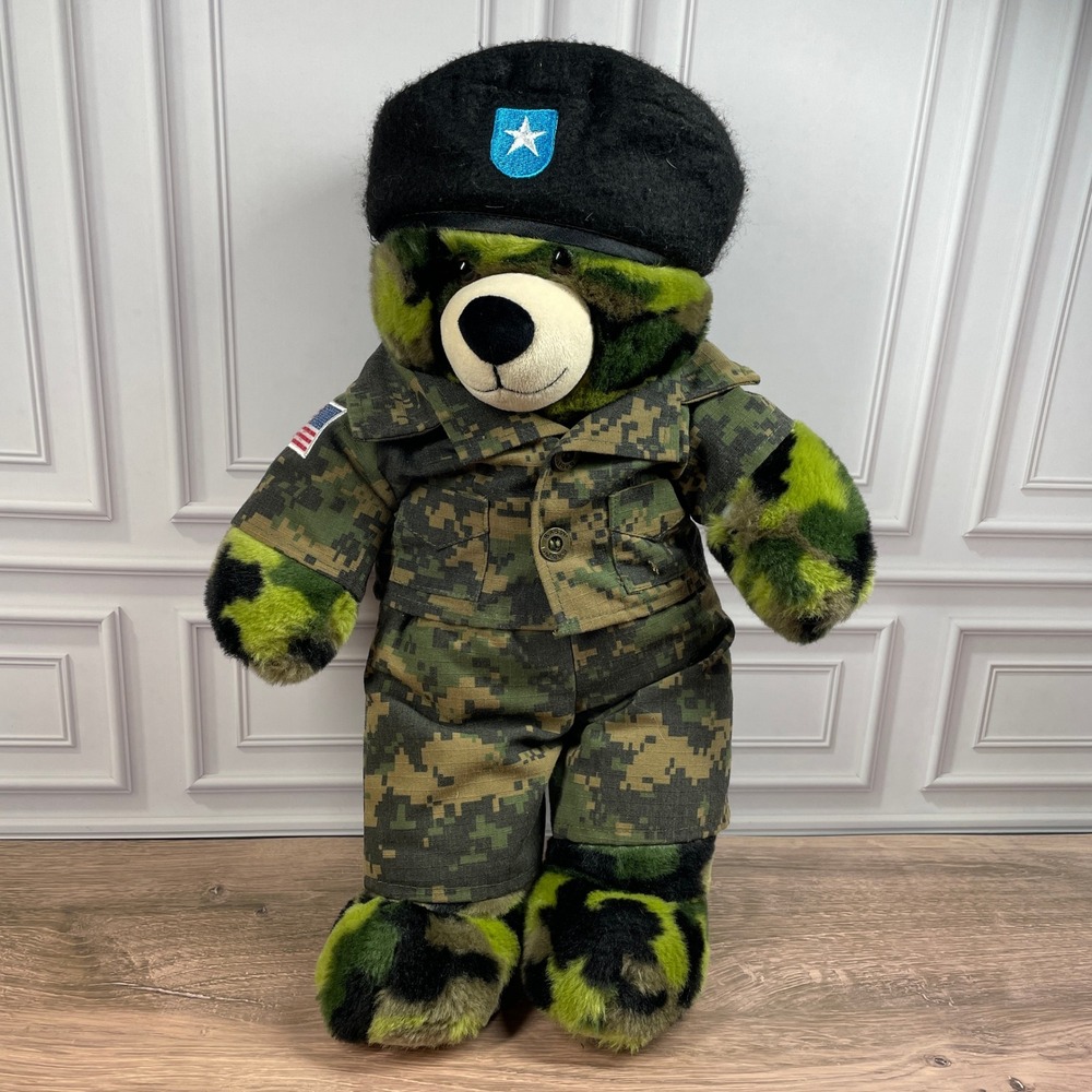 Build A Bear 17"‎ Green Camouflage Military Outfit Star Hat American Flag Patch